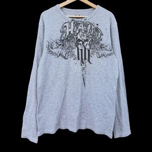 Y2K Hart & Huntington Tattoo Waffle Knit Long Sleeve Shirt Gray Size XL Grunge